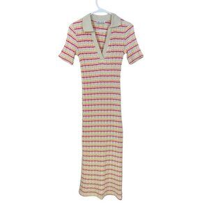Zara Womens Size M Maxi Polo Dress Stretch‎ Striped Beige Pink Short Sleeve